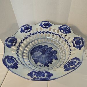 Antique Blue White Floral Bowl Fruit - Reticulated Basket Porcelain